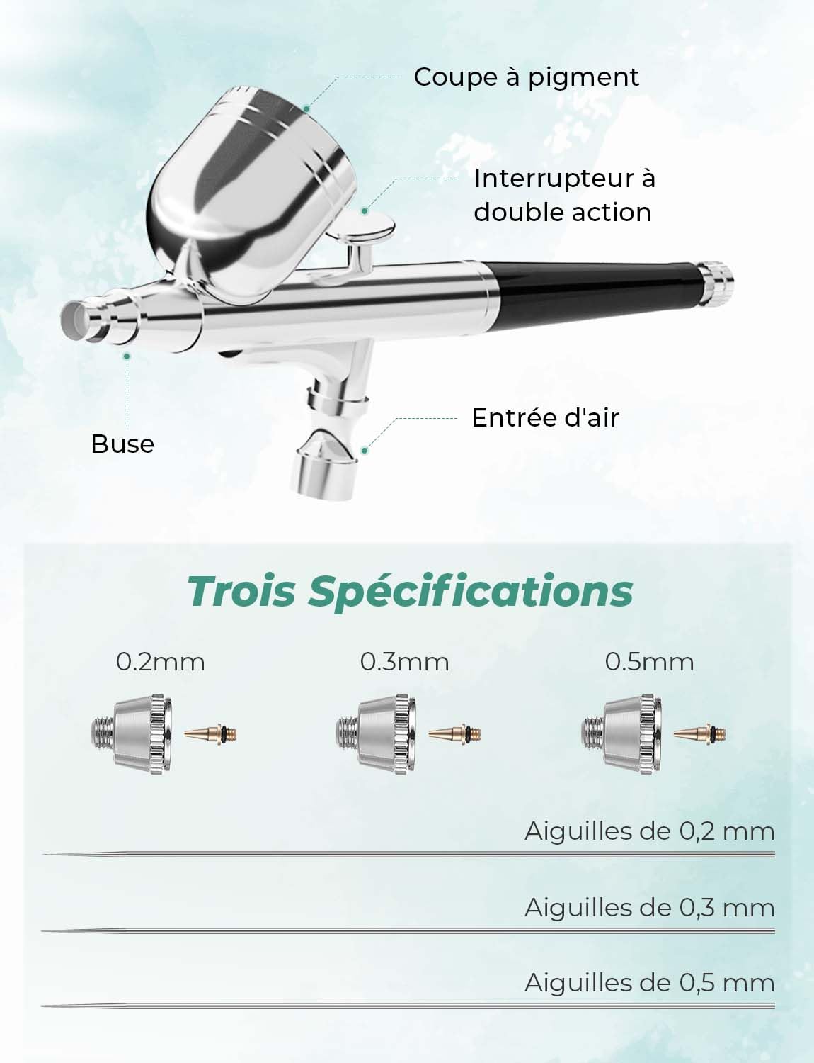 Oasser Kit Aerographe avec Compresseur Aerographe Double Action 36 PSI Buse 0,2 0,3 0,5 mm pour Nail, Peinture, Modelisme, Tatouage, Maquillage, Gâteaux, Noir