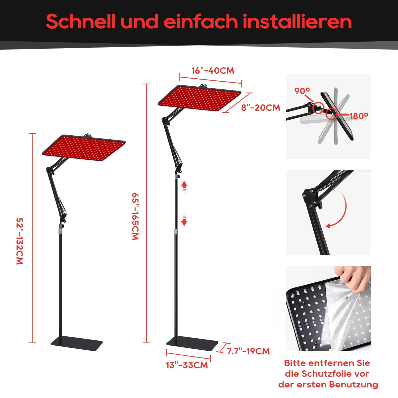 Morfone Rotlichtlampe für Ganzkörper & Gesicht, Infrarotlampe mit Tri-Wellenlänge (660nm, 850nm, 940nm), 5 Helligkeitsstufen Keine Hitze Rotlicht Panel mit Verstellbarem Ständer (Schwarz, L)
