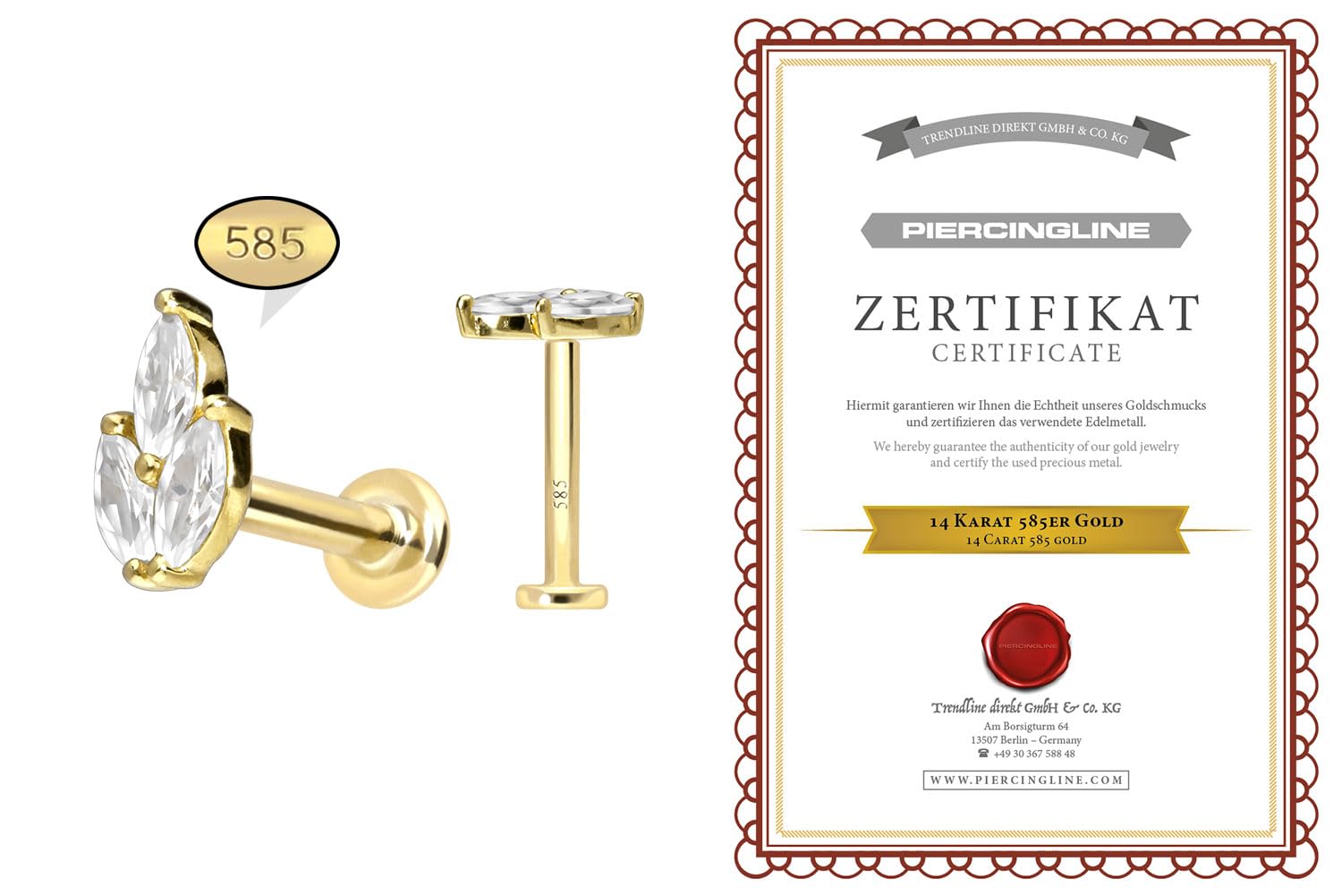 PIERCINGLINE Piercing Stecker 14 Gold Labret mit Push Fit MOISSANIT-LOTUSBLÜTE 585er Gold - Roségoldfarben, Goldfarben, Silberfarben