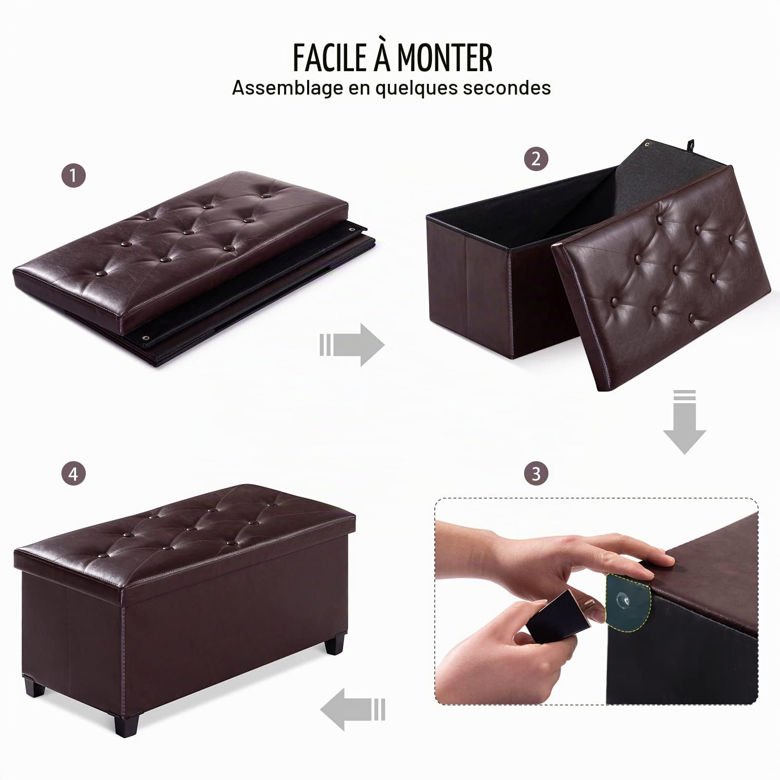 BRIAN & DANY Banc de Rangement, Coffre de Rangement, Pouf Pliable, Montage Facile, pour Salon, Chambre, Entrée, Marron, 76 x 38 x 38 cm