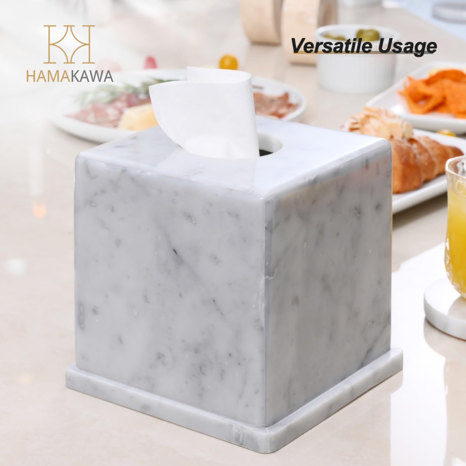 Boite a Mouchoir Marbre Naturel, Blanc Carrara Boite Mouchoirs Design 15x15x14,5 cm, Rangement Decoratif Pierre Lourde, Rangement Carré pour Cuisine, Salle de Bains, Chambre