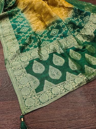 TRENDMALLS Women's Banarasi Silk Ethnic Motiff Design Dupatta (D07-GreenYellow)3