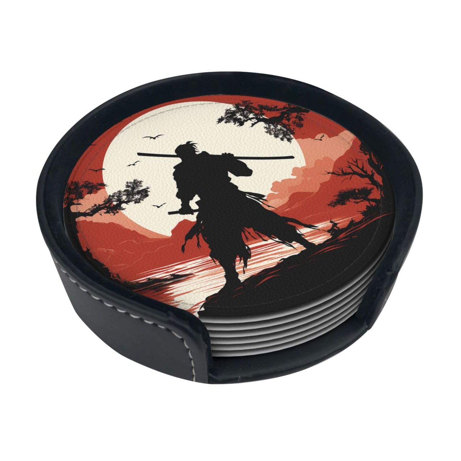 Fodpand White Samurai Drink Coasters Set Of 6 Leather Coasters With Holder Bar Beer Beverage Coaster For Drinks, Absorbent Cup Mat For Tabletop Protection, Housewarming Gift