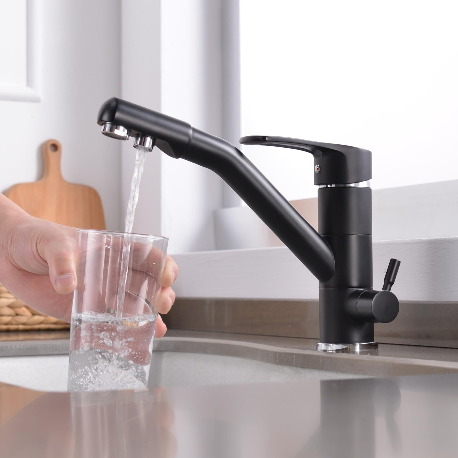 Rubinetto 3 Vie Nero Canna Bassa Rubinetti Cucina per Sistemi Osmosi, Miscelatore Cucina Tre Vie