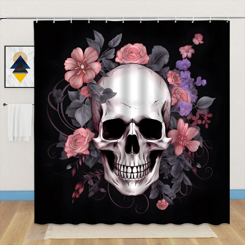 Totenkopf Duschvorhang 180x180 Cm – Zuckerrose & Skelett Design, Wasserdicht, Mit 12 Haken, Für Halloween Oder Skurrile Badezimmer-Deko