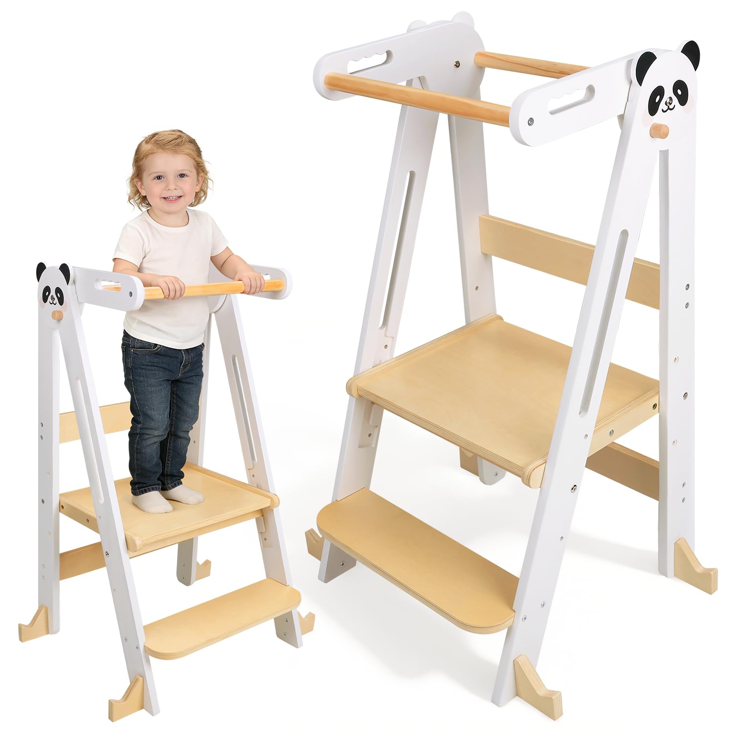 Lernturm Klappbar ab 1 Jahr, Montessori Lernturm aus Holz für Kinder, Höhenverstellbarer Learning Tower mit Sicherheitshandlauf, 360° Kippschutz, Stabiler Küchenhelfer für 1–6 Jahre (Weiß)