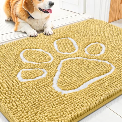 Image of Smiry Dog Door Mat for Muddy Paws, Absorbent Dirt Trapper Non Slip Quick Dry Washable Chenille Mat for Mud Dogs, Entry Rug for Indoor and Outdoor (30x20 Inches, Yellow and White)