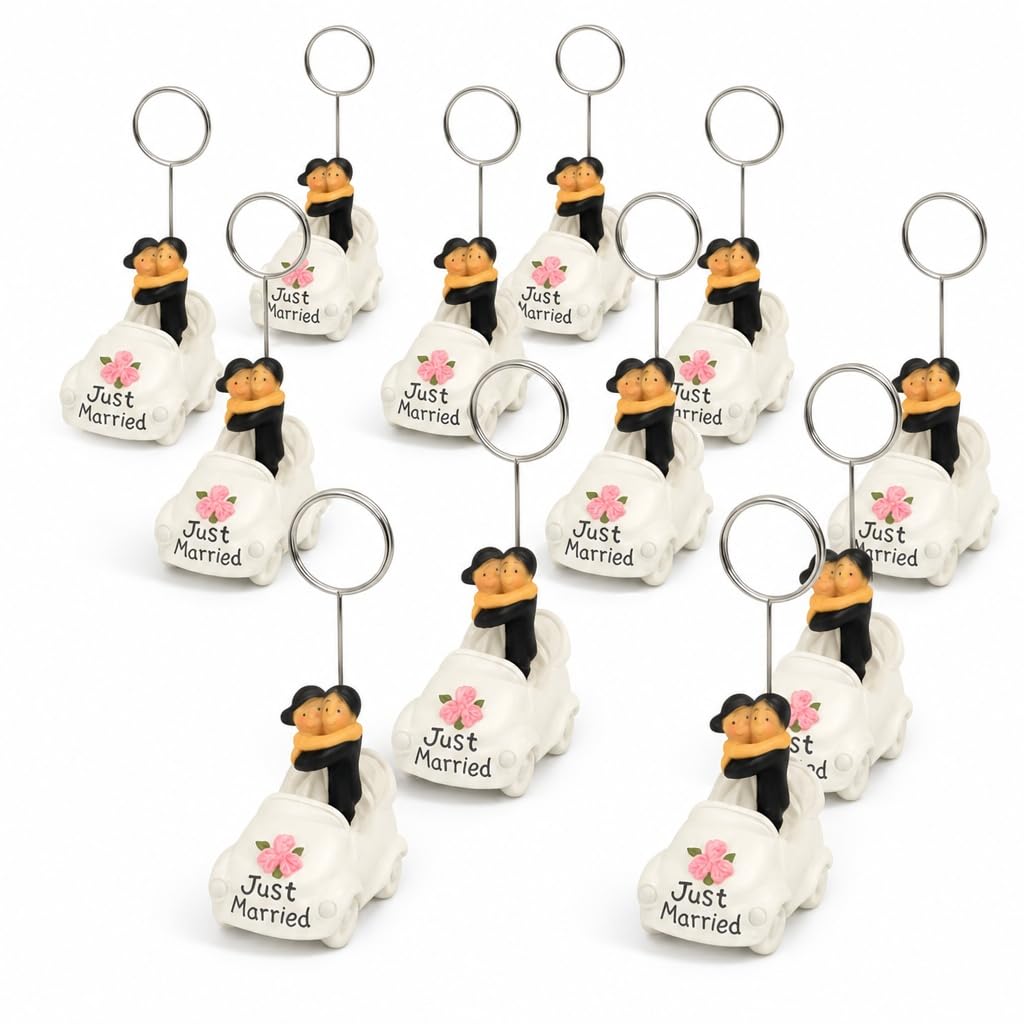 MIJOMA Lot de 12 porte-cartes de table de mariage Just Married Voiture avec couple de mariés – Décoration de table de mariage Porte-cartes de place en polyrésine peinte à la main 8 cm de haut