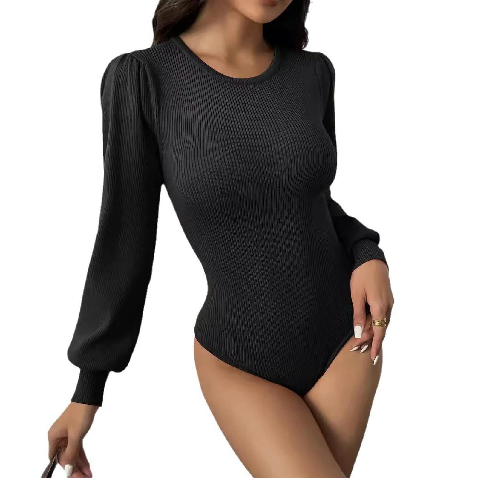 Body Ajustado de Invierno con Cuello Redondo y Mangas abullonadas para Mujer - Azul - L