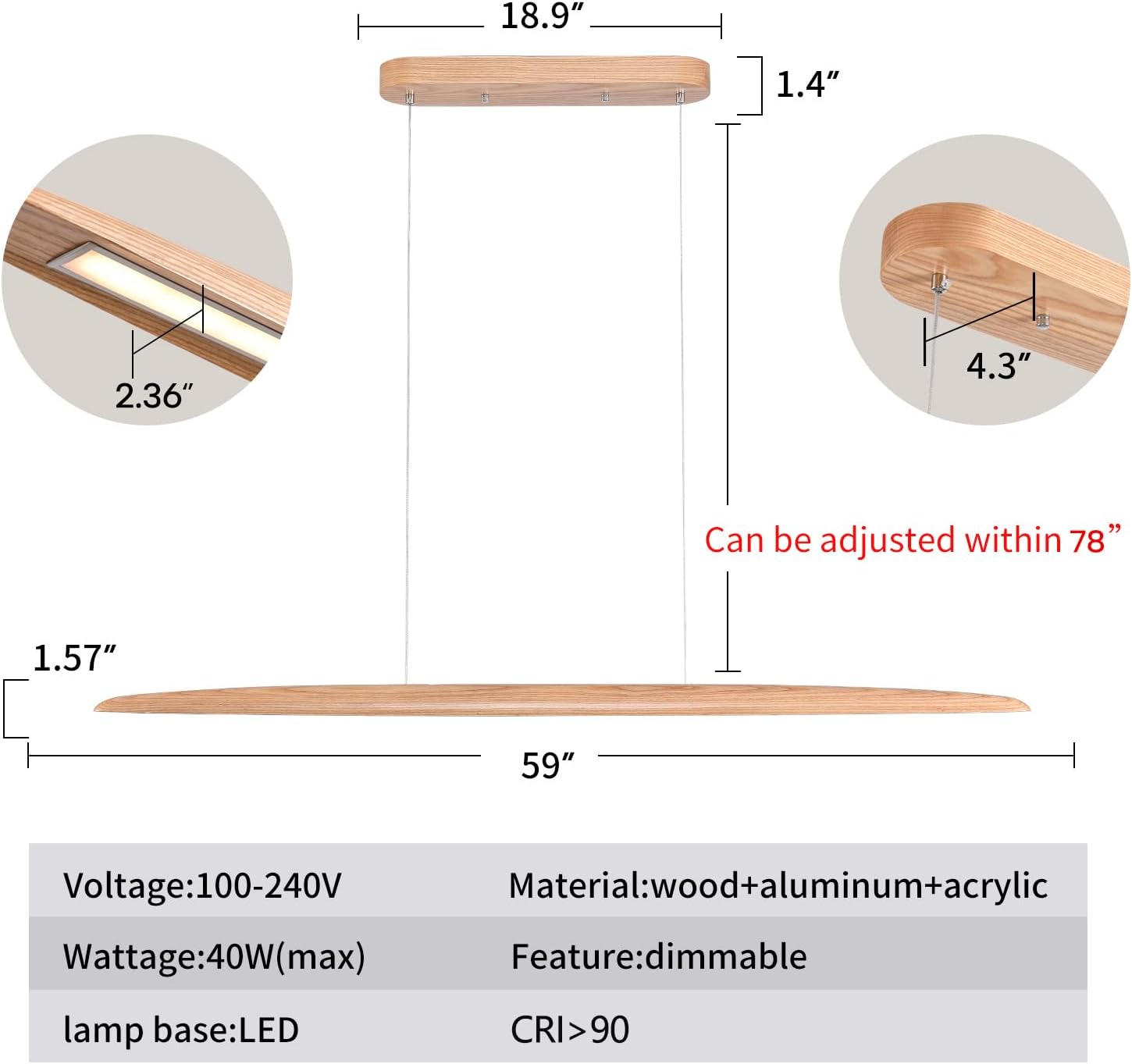 YISDESIGN 59" 40W Wood LED Linear Pendant Light Fixture Led Dining Room Light Dimmable Hanging Light Fixture for Dining Room Kitchen Island Pool Table Lights Natural Ash