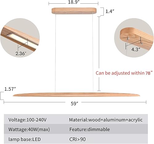 Miniatura 3 de Lámpara colgante lineal LED de madera de 59 pulgadas y 40 W, lámpara colgante regulable para comedor, cocina, isla, piscina, mesa, luces de ceniza