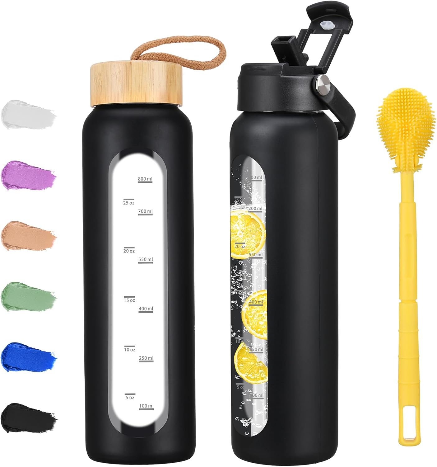 32 oz Glass Water Bottle with 2 Lids-Handle Straw Lid & Bamboo Lid,1 Liter Motivataional Tumbler Water Bottle Time Marker, Borosilicate Glass Water Bottles With Silicone Sleeve, Leakproof