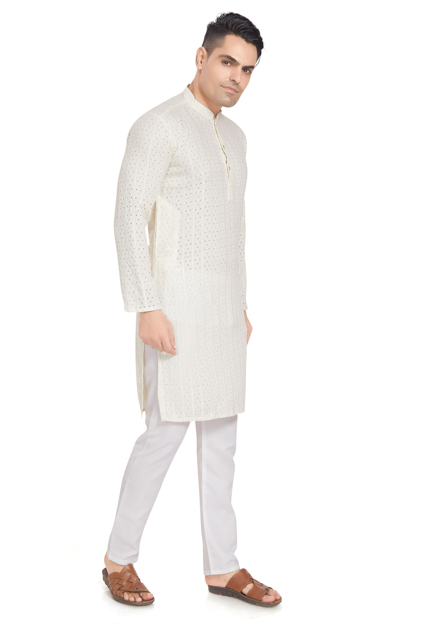 Divisive Men's Embroidered Cotton Blend Only Slim Fit Kurta (Dkrt377_Xl_Cream)