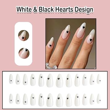 Milky White Press on Nails Almond Medium Long on Nails Fake Nails with Black Hearts Design Manicure Acrylic False Nails with Gel Stick on Nail for Wedding Birthday 24Pcs AKL567Y
