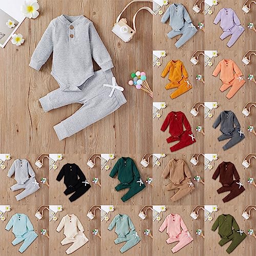 Baby Girls Fall Outfits 2pc Knit Ribbed Long Sleeve Romper and Soft Pants Solid Buttons Bodysuits Winter Clothes3