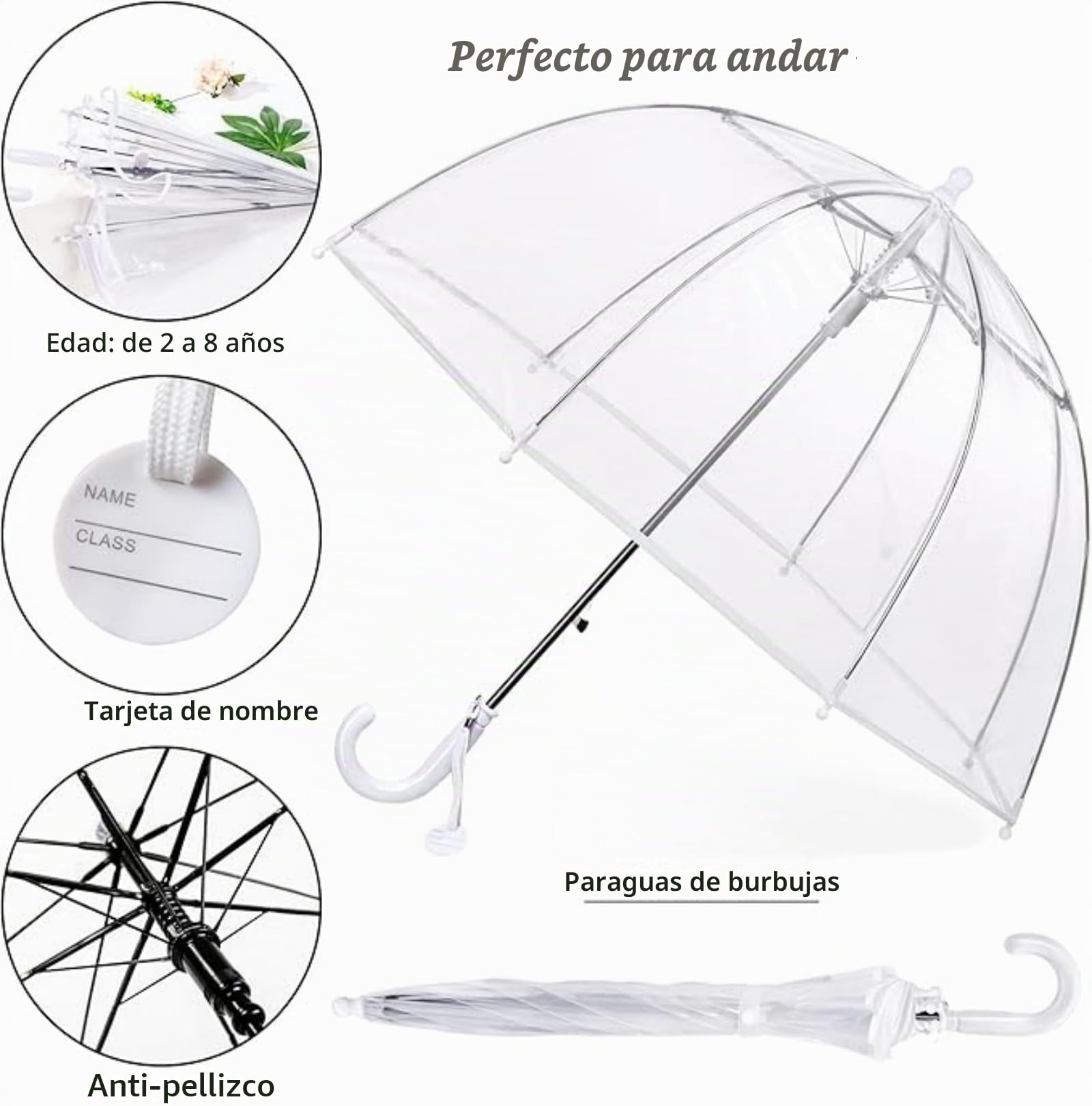 Paraguas para niños con techo de cúpula, diseño ligero, bonito y divertido, paraguas para el viento y la lluvia, paraguas en forma de campana transparente, regalos para niños