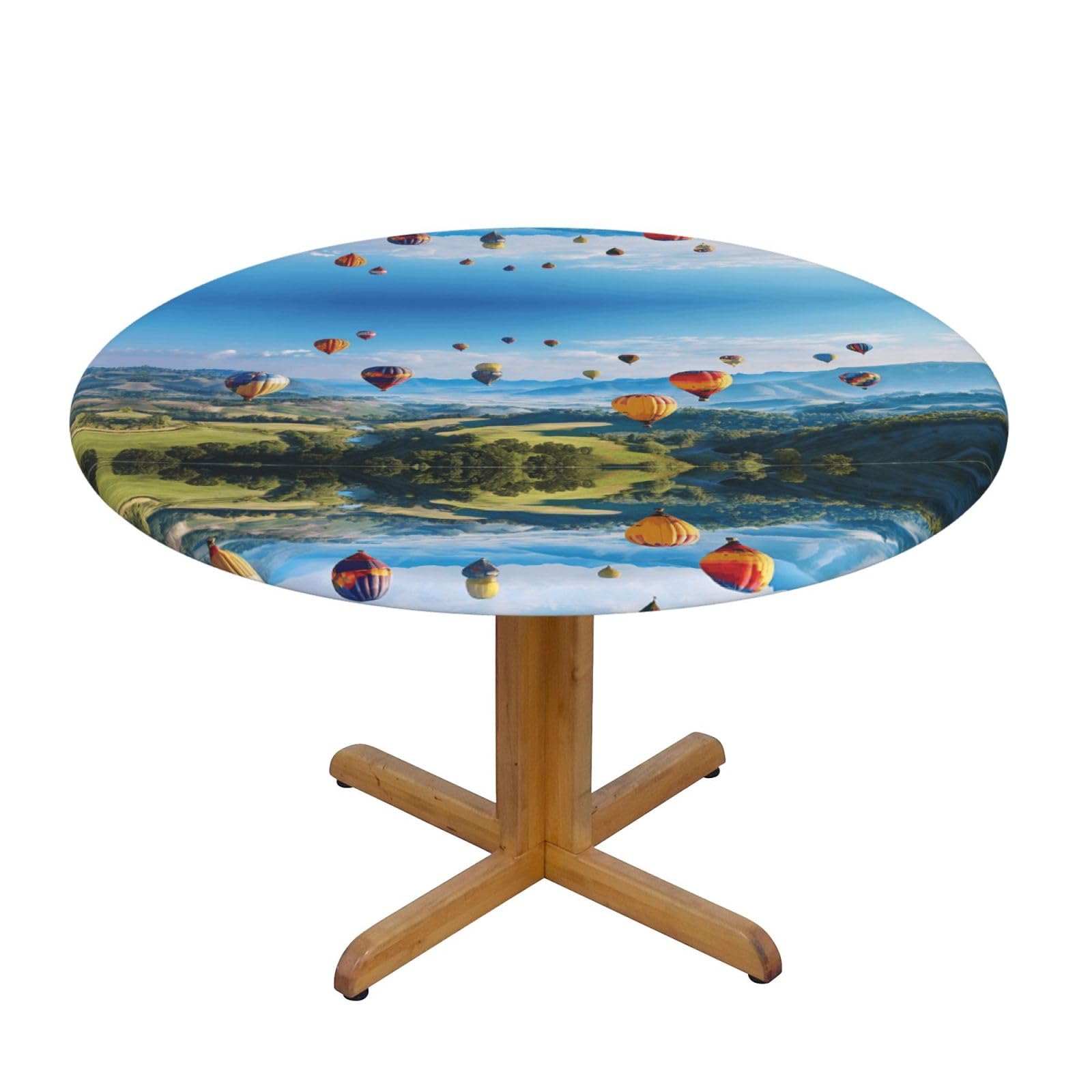 EZDLOWVBA Hot Air Balloons print Round Tablecloth with Elastic Fits Tables Outdoor Tablecloth,Stain Resistant Table Cover for Kitchen Dining Parties