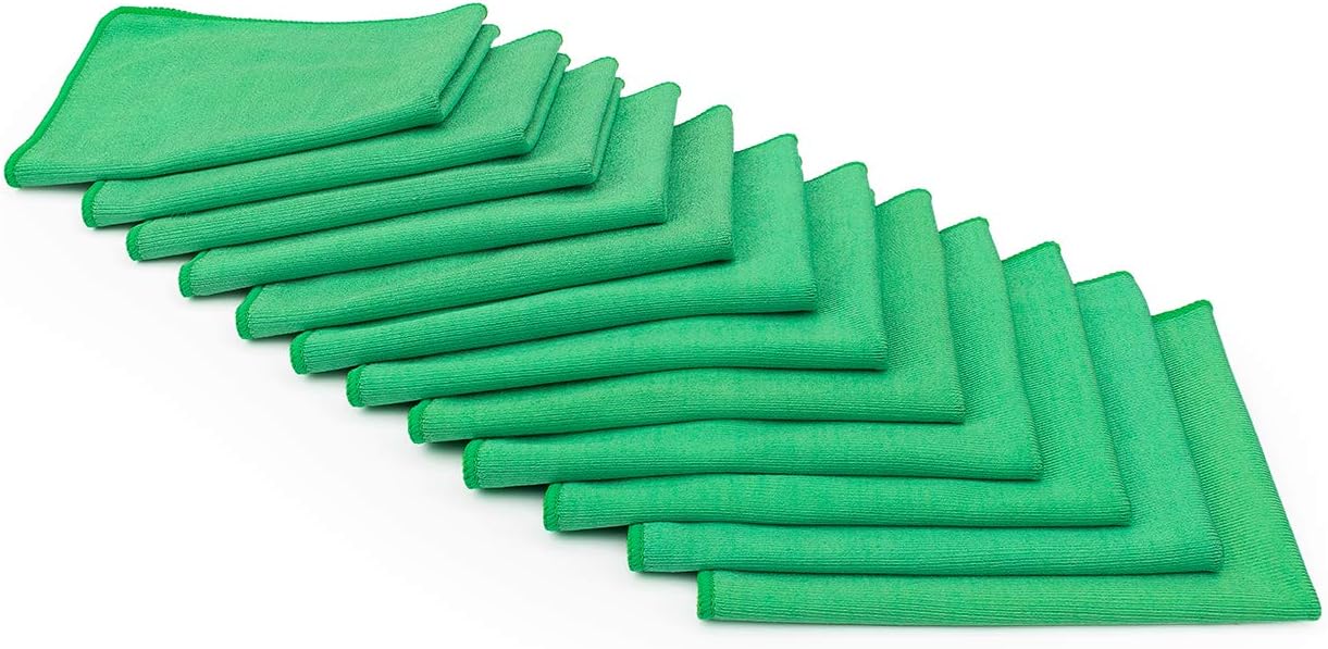 The Rag Company - Standard Microfiber Window, Glass, Mirror & Chrome Towels - Professional Cleaning & Detailing, Lint-Free, Streak-Free, 350gsm, 16in x 16n, Green (12-Pack)