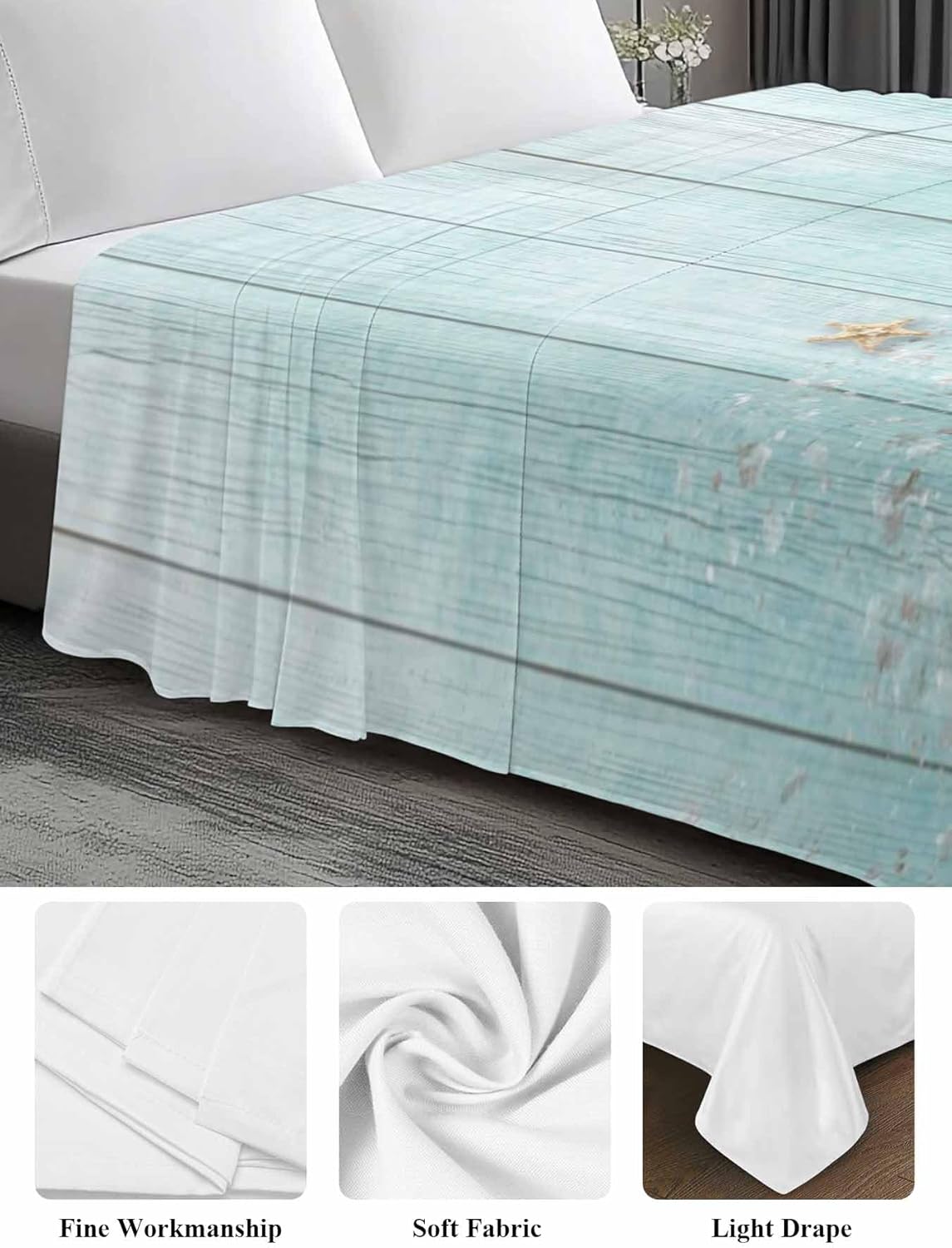 Top Sheet Full Bedding Flat Sheet Only, Summer Beach Sea Star Shell Microfiber Bed Sheets Soft Breathable Bedding Flat Sheets, Green Farm Woodcut Hotel Luxury Top Sheets
