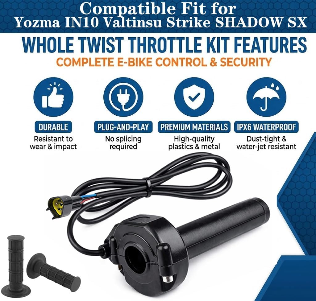 Compatible Fit for Yozma IN10 Valtinsu Strike Shadow SX Electric Dirt Bike Twist Throttle, Full Twist Throttle Handle with Male Connector, Rolling Bearing & Cable Kit(Blue/Brown Wire Updated)