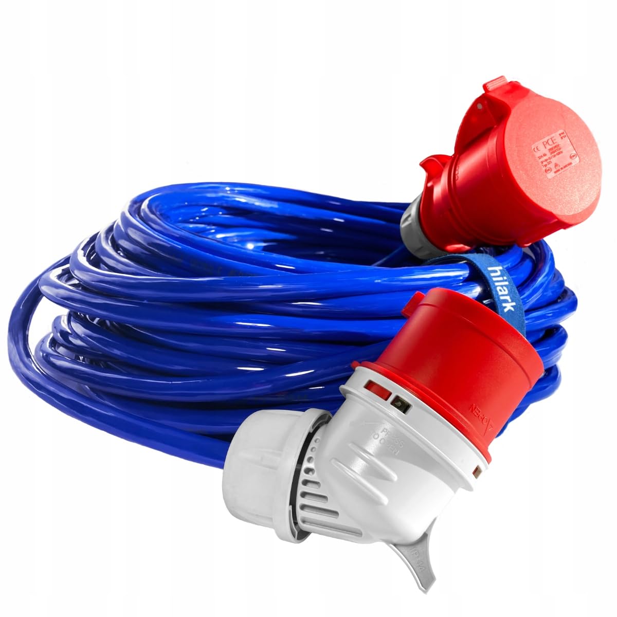 Hilark - Prolunga elettrica H07BQ-F 5G2,5 mm (5 x 2,5 mm²), spina angolare, 400V 16A IP44, colore blu, cavo di prolunga per cantiere, industrie, esterni (10 metri, Blu)