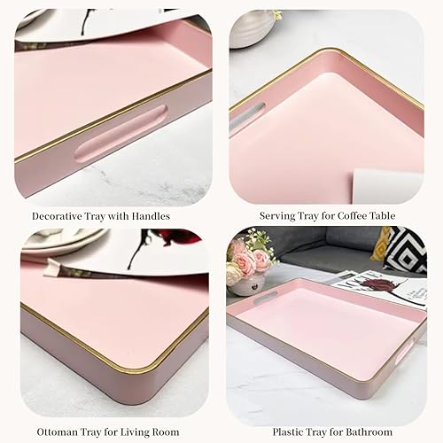 Miniatura 9 de Bandeja decorativa de 2 piezas, bandeja grande para servir con asas, moderna bandeja otomana de plástico para mesa auxiliar, sala de estar,