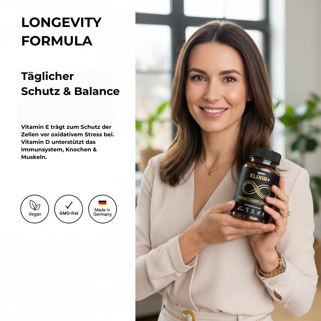 ELIXIR+ Longevity Zell-Komplex – Resveratrol 490mg, Spermidin 5mg, NADH, Omega-3 & Q10 – Vitamin E für Zellschutz, Vitamin D3 für Zellteilung – 90 vegane Kapseln, Made in Germany