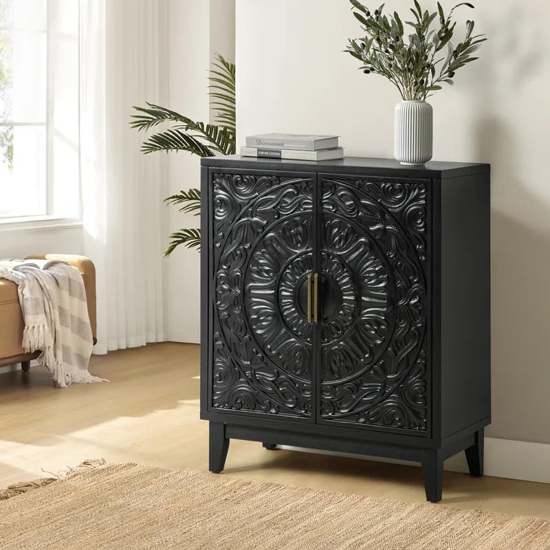 Intricately Carved Accent Cabinet with Floral Patterns – 2-Door Wood Storage Cabinet, Boho Sideboard Buffet with Vintage Design, Entryway Console Table (Dramatic Black)-image-35