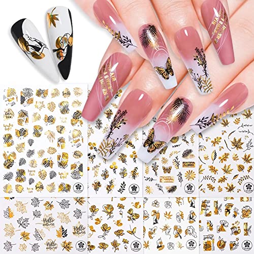 9 Sheets Luxury Gold Nail Art Stickers Decals,3D Self-Adhesive Designer Nail Decals Bronzing Metallic Maple Leaf Flower Abstract Rose Laser Glitter Nail Design For Women Manicure Diy Decorations #TOP6