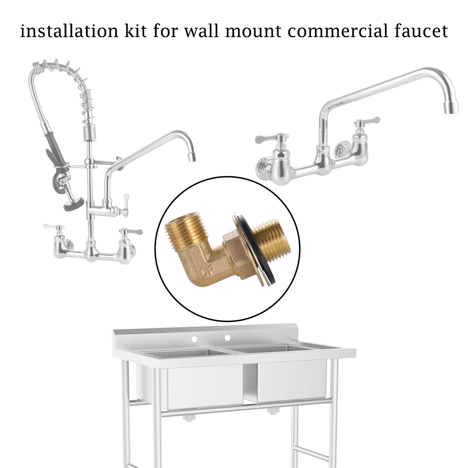 Kit de instalación de grifo de montaje en pared comercial, juego de montaje en muro para fregaderos de preparación de cocina comercial de acero inoxidable y fregaderos utilitarios, G1/2