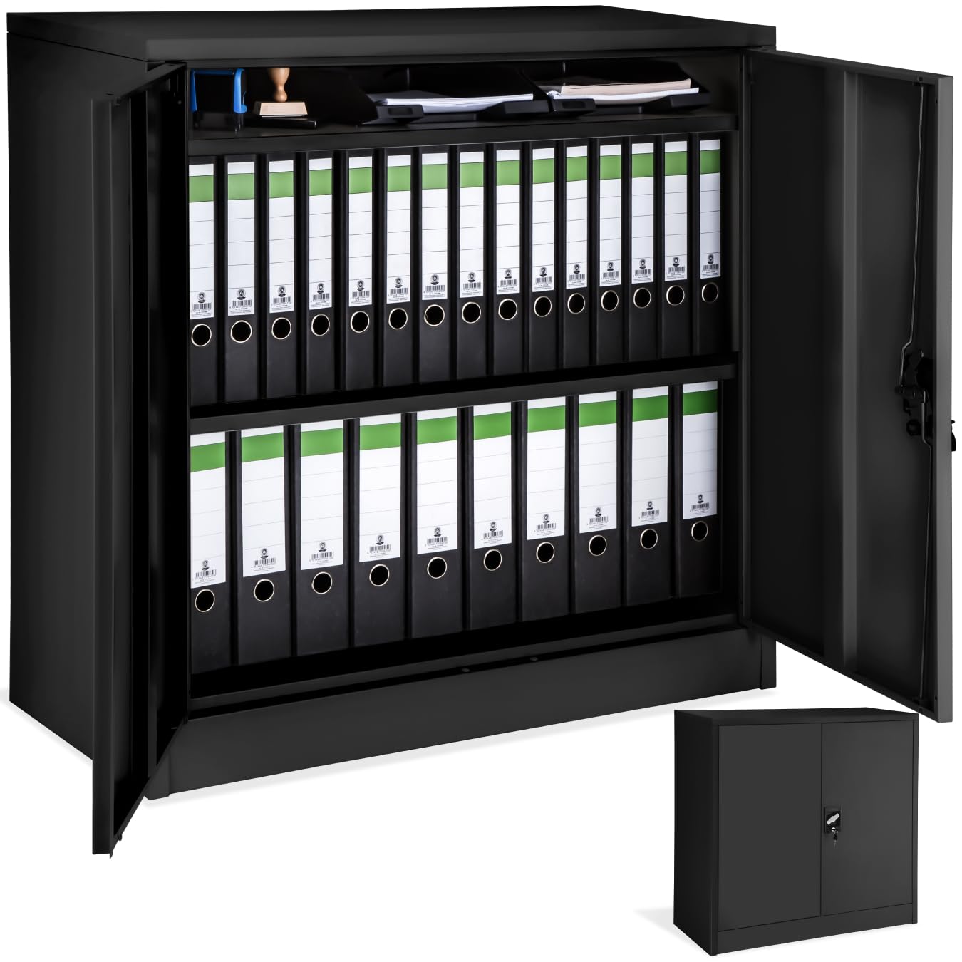 tectake® Archivador Bloqueable con 3 Cajones, Estantes Ajustables, Acero, Candado De Seguridad, Armario Metalico, Cajonera Escritorio, Armarios Metalicos, Estanterías Metálicas - 90x90x40cm Negro