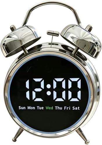 Classic Digital Alarm Clock with LED Display, Rechargeable, Silver, Model RS2738