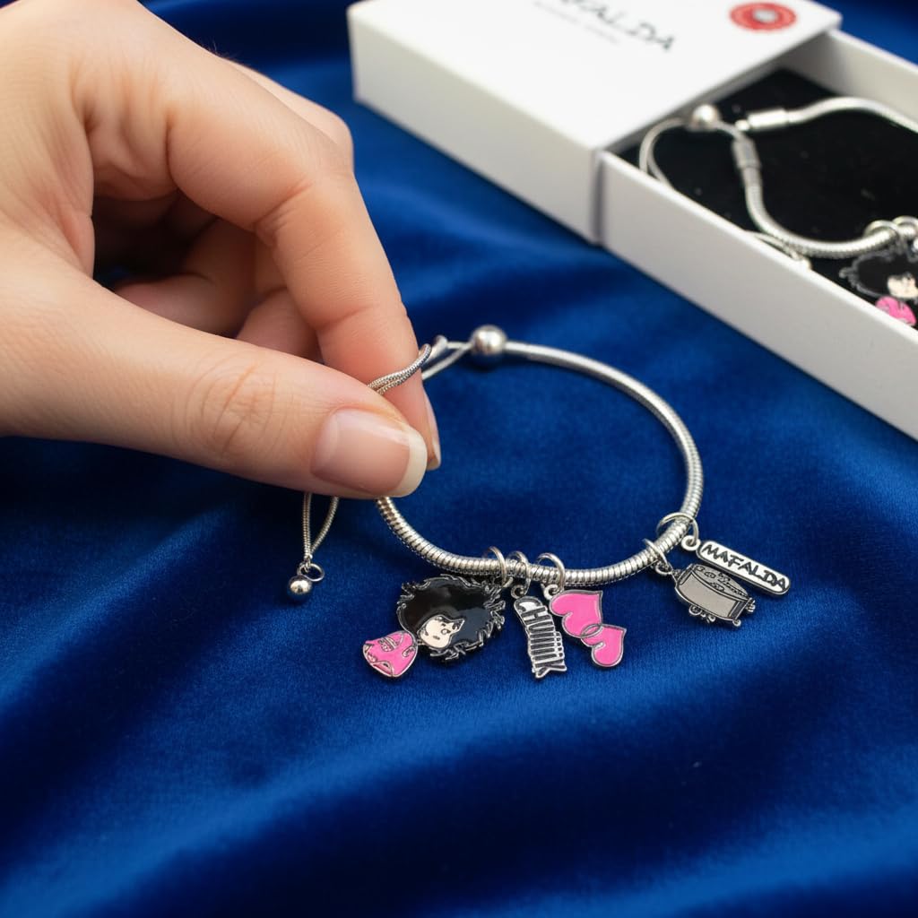 Pulsera con Charms Mafalda Despeinada - Licencia Oficial Quino, Rosa, Acero Inoxidable, Estilo Serpiente, Talla Única