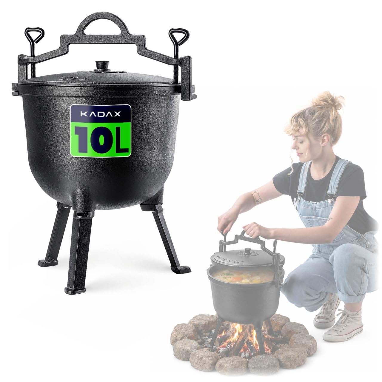 KADAX Jagdkessel 10L, olla de hierro fundido con pies, olla de cocción lenta de hierro fundido, Dutch Oven para jardín, fogata, camping, barbacoa, olla de fuego con tapa