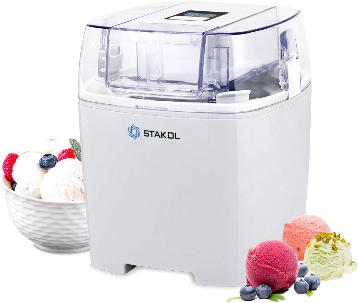 Stakol ice cream maker 1.6 Quart Automatic Frozen Yogurt, Sorbet, Gelato Treat, and Ice Cream Maker Freezer Dessert Machine with Auto Shut Off Timer, LCD Display and Mixing Paddle, White