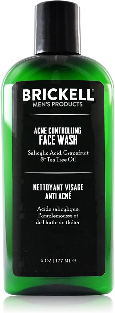 Brickell Men's Acne Face Wash for Men, Acne Face Wash to Cleanse Skin and Eliminate Acne, Clears Breakouts, With 2% Salicylic Acid, Hyaluronic Acid, and Tea Tree Oil, 6 Ounces