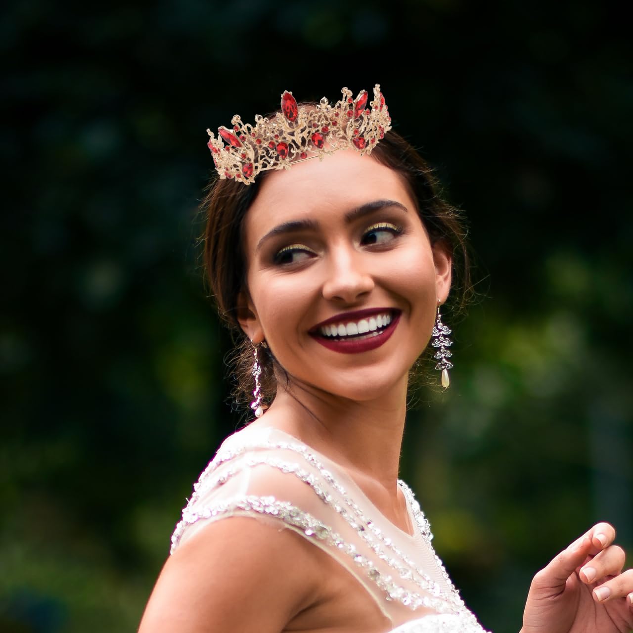 Barock Couronne de mariée vintage avec strass en cristal rétro pour femme mariée (rouge et doré)