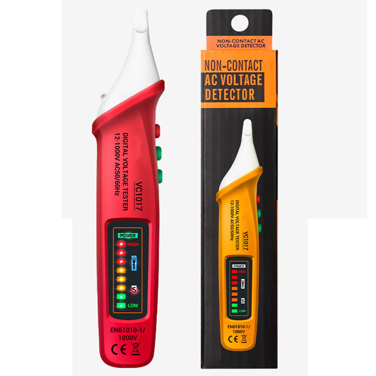 Detector de Voltaje sin Contacto con Linterna LED Sensibilidad ajustable, Distinción de Cable Vivo/Nulo, AC 12V-1000V, Localizar Punto de Rotura, Alarma