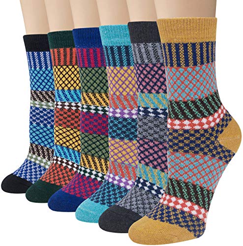 Justay 6 Pairs Winter Womens Wool Socks Vintage Warm Cozy Socks Knit Casual Crew Socks Gifts for Women