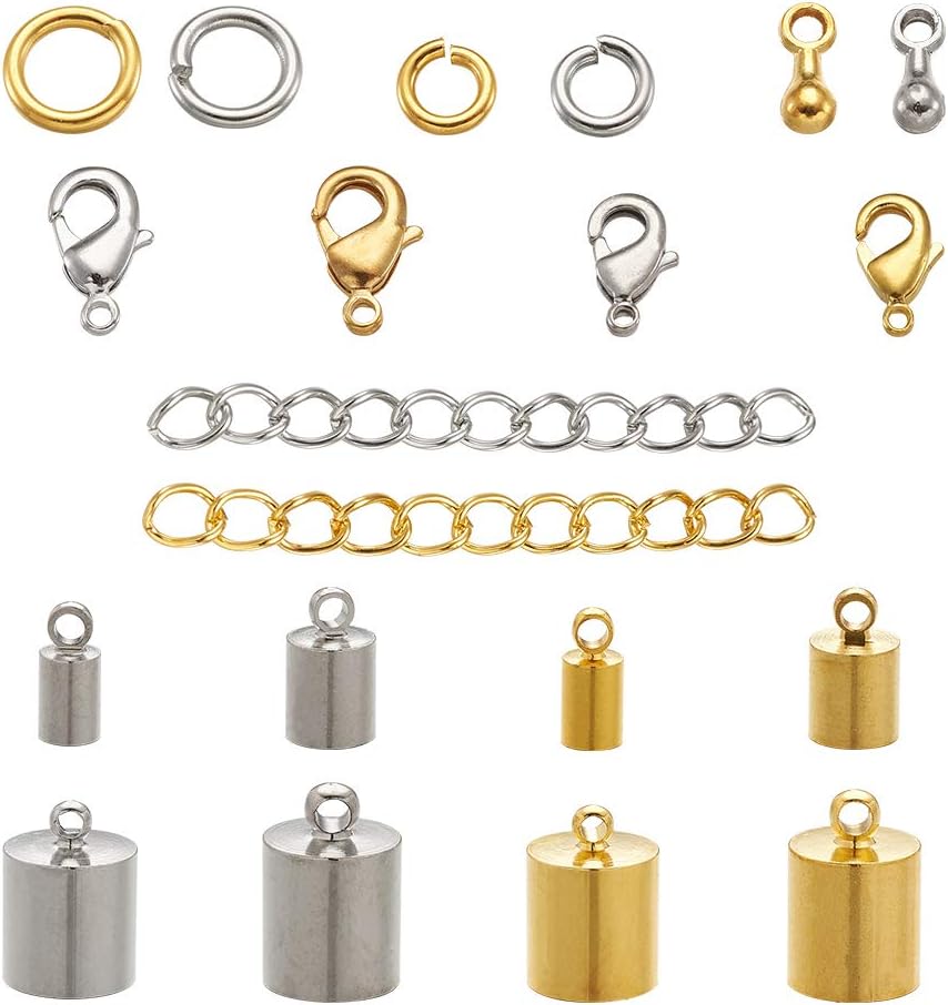Craftdady Glue in Barrel Column Cord End Caps 480Pcs 4 Sizes Stainless Steel Leather Tassel Buckle End Tips with Jump Rings Lobster Claw Clasp Extender Chain for Jewelry Making (3-9mm Inner Diameter)