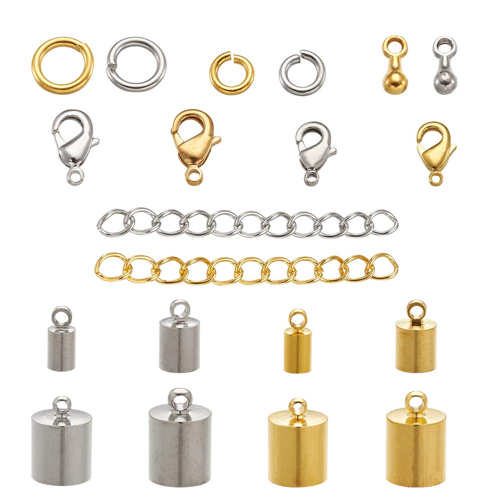 Pandahall 1 Box Jewelry Making Supplies with Brass Cord Ends Open Jump Rings Lobster Claw Clasps and Alloy Extender Chain Drop Charm (Golden and Platinum)