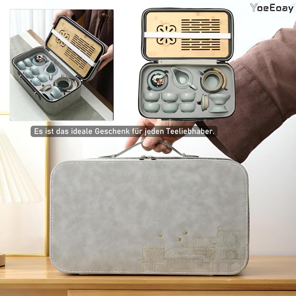 Hochwertiges Keramik Gongfu-Teeservice - 13-teiliges Tragbares Tee Set Für Erwachsene,mit Grauem Lederetui,perfekt Für Zuhause,Outdoor Und Geschäft,Chinesisches Porzellan-Teeservice