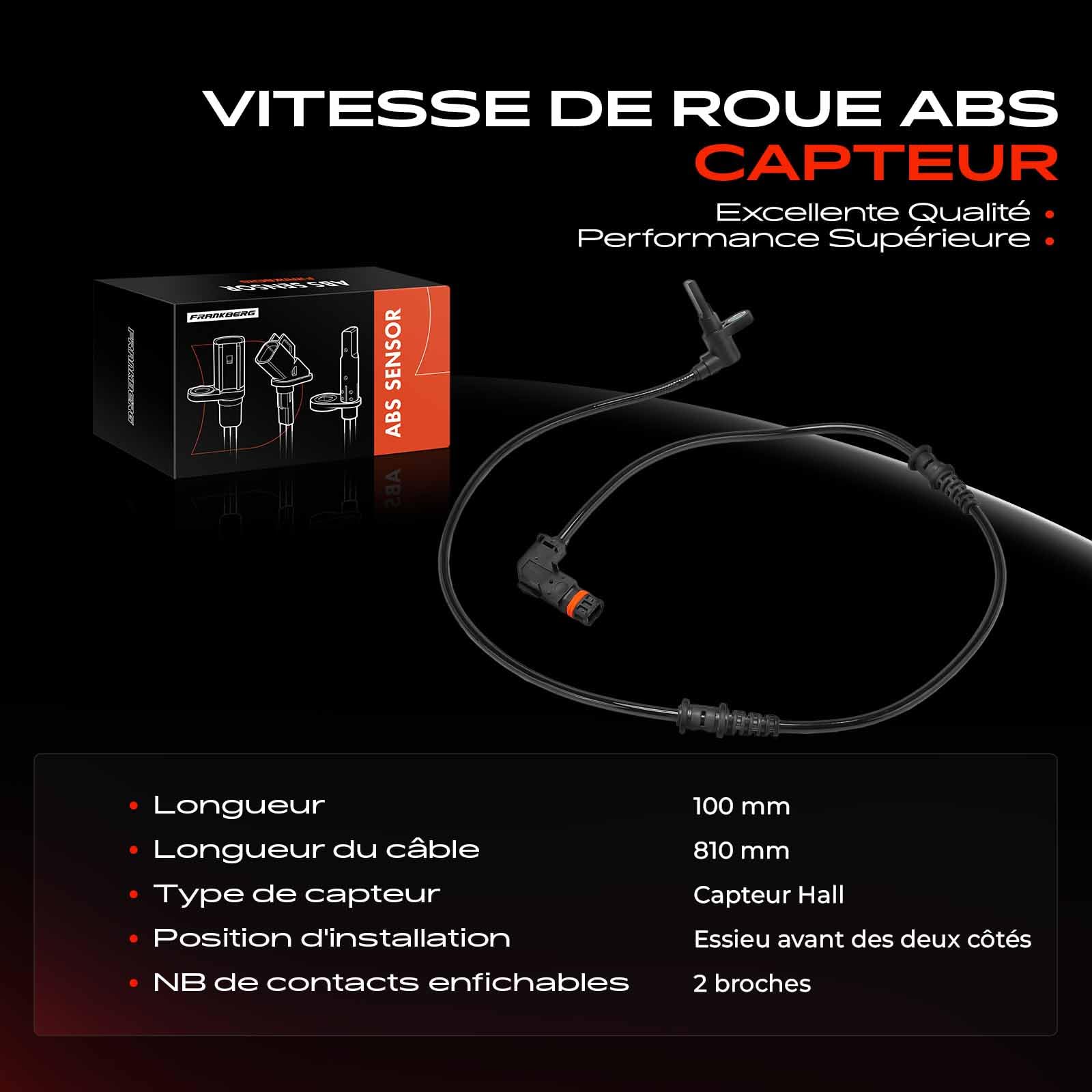 Frankberg Capteur ABS, capteur de vitesse de roue, capteur 2 broches avant | A6395400417; Compatible avec: Bus Vito W639, Viano W639, Vito/Mixto Fourgon W639