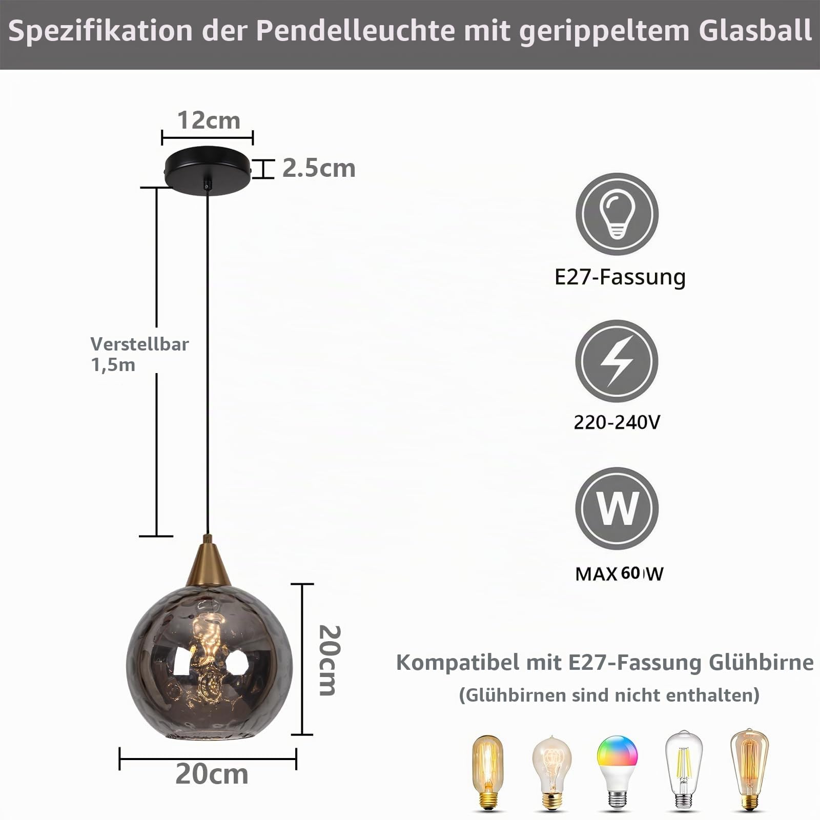 Hammerschlag Rauchglas Pendelleuchte Ø20cm, im Modern Loft-Stil