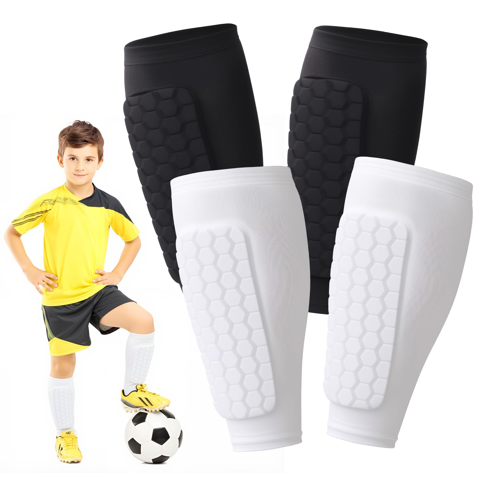 2 Pairs Shin Guards Kids,Shin Defender Kids,Football Soccer Shin Pads, Honeycomb Compression Sleeve Football Shins Guard For Boys Kid Teenagers,XS,White,Black โ image 1