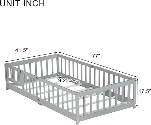 Miniatura 19 de Harper & Bright Designs Cama de suelo tamaño Queen con valla y puerta, marco de cama Montessori de madera para niños, niñas, listones incluidos, no
