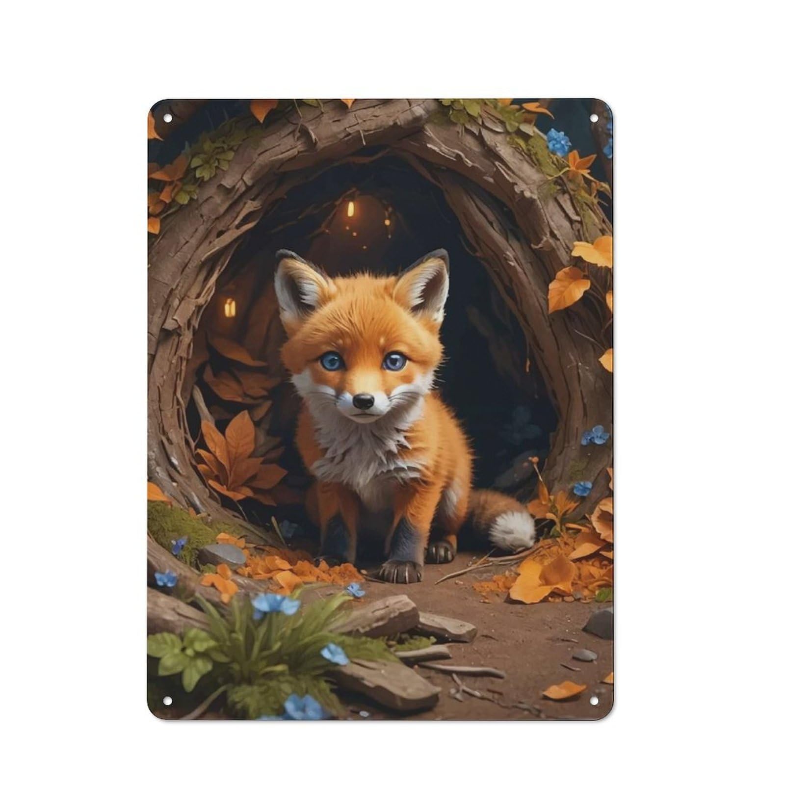 Junmoney Style-5 40X30cm Rustic Tin Sign With Fox In A Forest Den For Studio Or Craft Room, Tin Sign Wall Decor For Studios And Craft Rooms