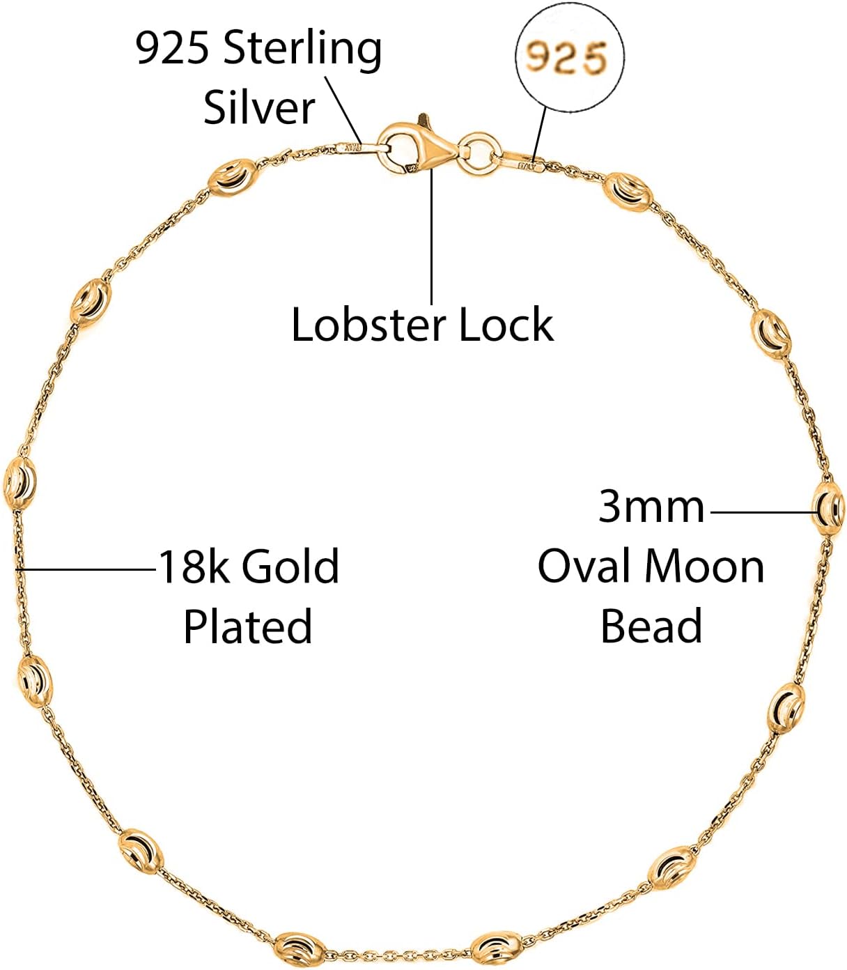 Savlano 18K Gold Plated Over 925 Sterling Silver Station Oval Moon Bead Anklet Chain For Women. Silver, Gold, Rose Gold - Made in Italy Comes With a Gift Box - Image 2