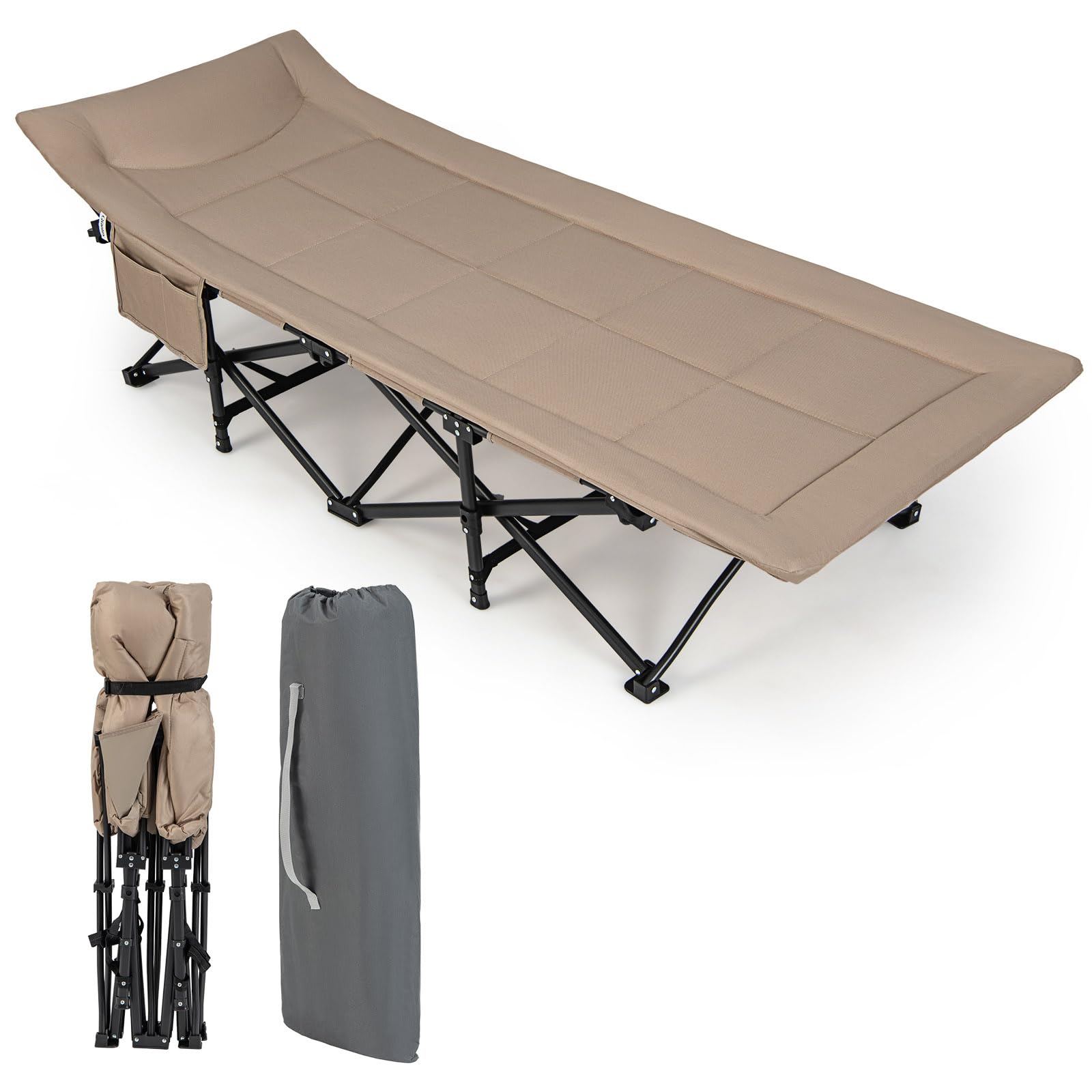 KOMFOTTEU Lit Camping Pliabe, Sac Transport, 190 x 68 x 48,5 cm, Kaki | Lit de Camp Cadre Métal, Tissu Oxford, Lit d’Extérieur pour 1 Personne XL, antidérapant, Capacité de Charge de 200 kg