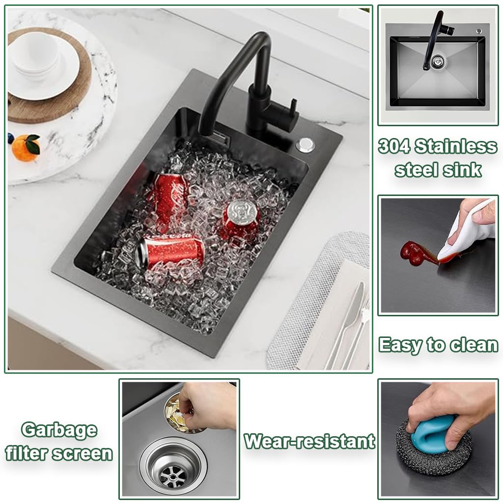 Lavello da incasso in acciaio inox 304, lavello singolo da lavoro, per camper, roulotte, camper, lavello da appoggio, 35 x 40 cm, colore nero